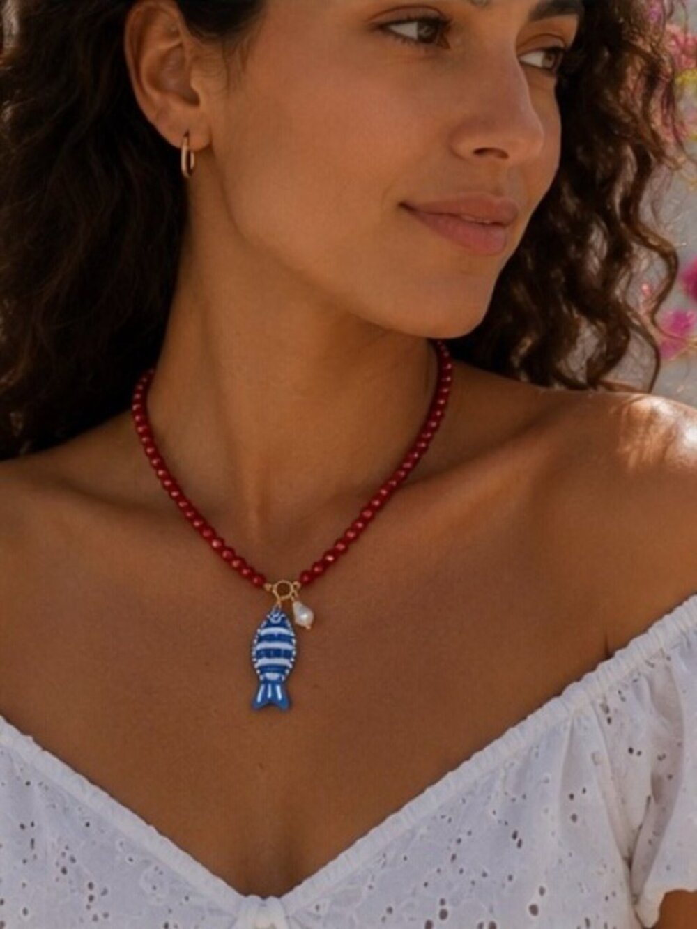 Santorini Coral Beaded Fish Necklace Mediterranean Luxury Coastal Jewelry